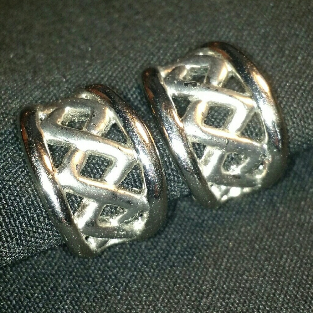 Vintage Clip-On Earrings Silver Tone Lattice Hoops